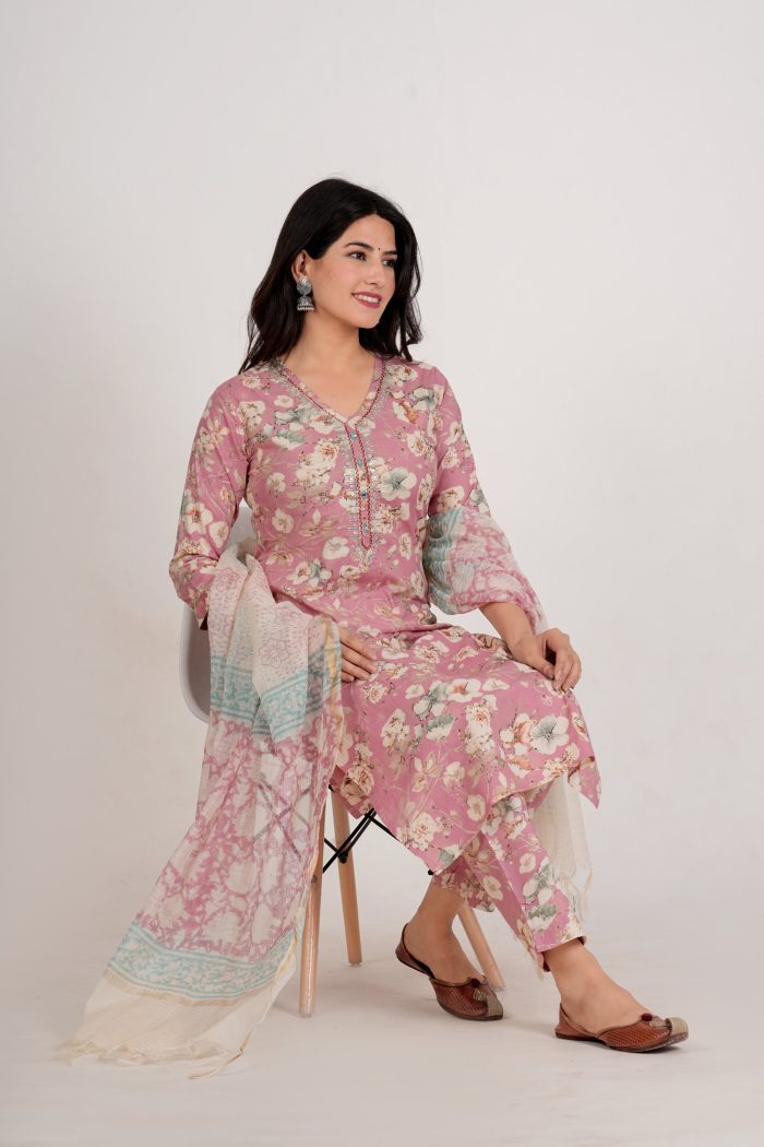 Gold foil print Cotton kurta Pant with Doriyaa Hand-Block Dupatta