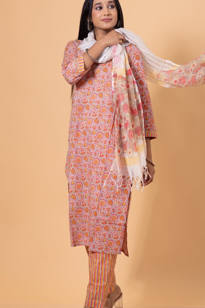 Orange Straight fit cotton kurta with Pant and Doriyaa dupatta