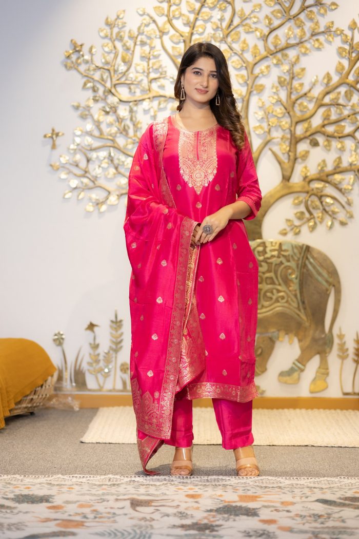 Red Upada Silk Kurta Pant With Banarasi Dupatta
