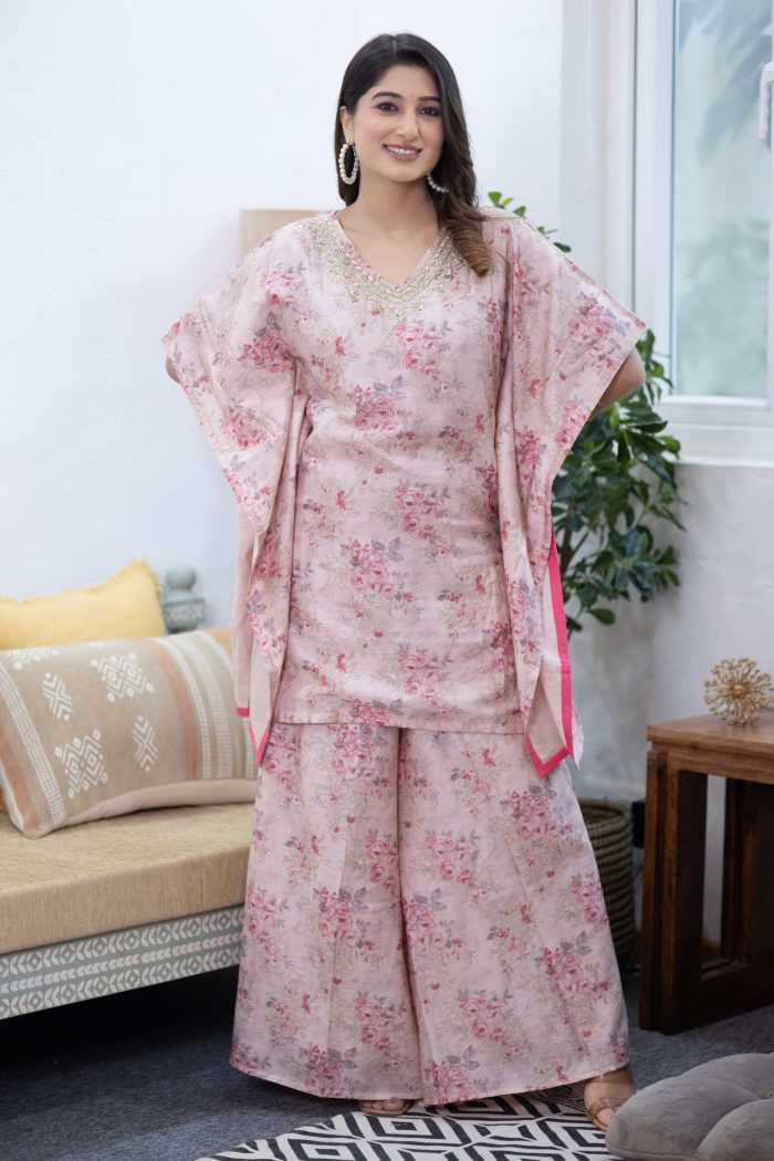 Pink V Neck Muslin Kaftaan With Palazzo